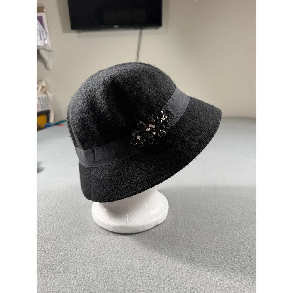 Black Wool Blend Cloche Bucket Hat Rhinestone Floral Accent One Size‎ Vintage